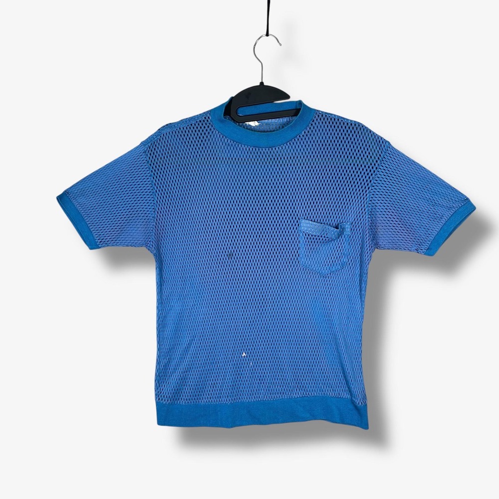 Vintage 60s Silk N Touch Campus Mesh T Shirt Mens M Blue Pocket Tee Retro Slim